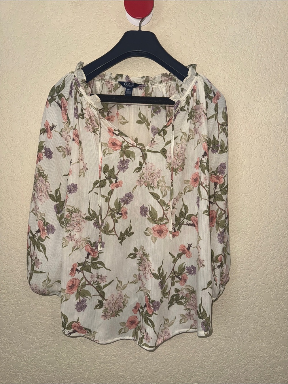 Chaps Floral Peasant Blouse White Pink Purple Boho Top Size Small